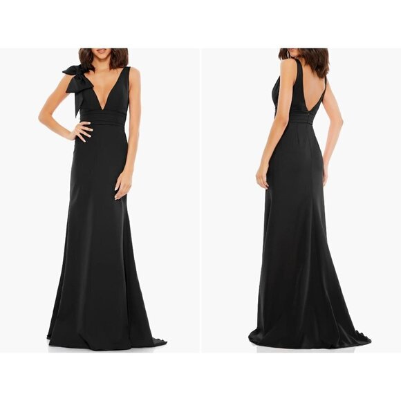 New Mac Duggal Size 12 Bow Shoulder V-Neck Gown Black Maxi Prom Party *Stains* - Picture 1 of 13